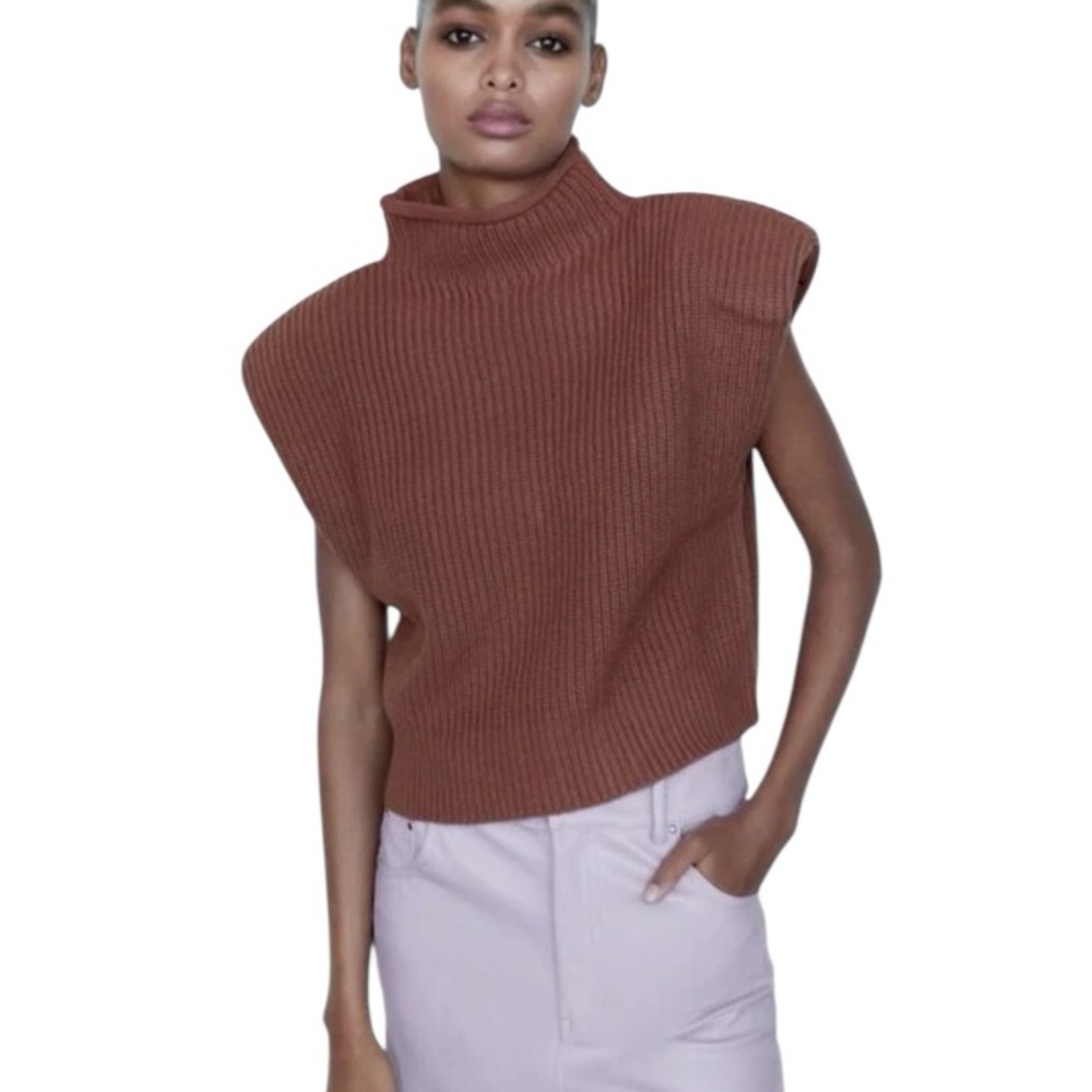 Zara Brown Shoulder Pad Cropped Knit Sweater Top - S